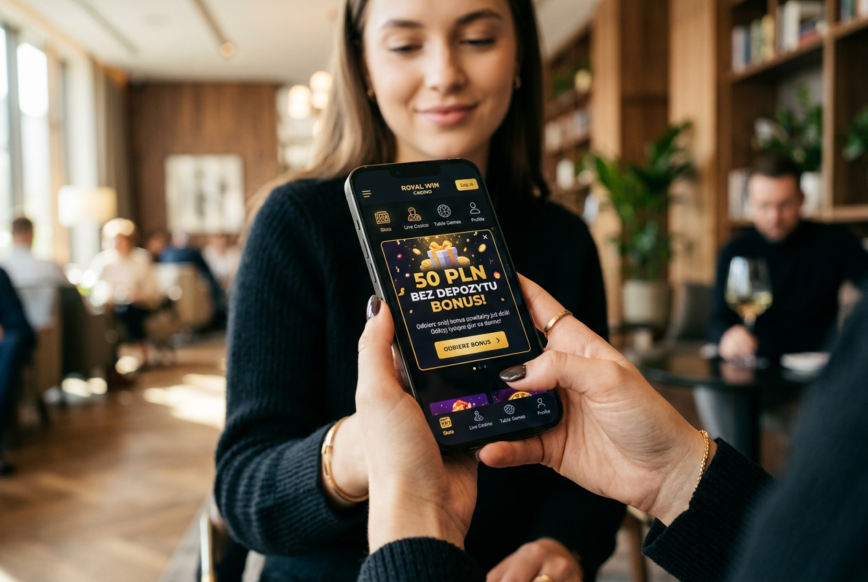 Smartfon wyświetlający powiadomienie o bonusie 50 PLN w aplikacji kasyna