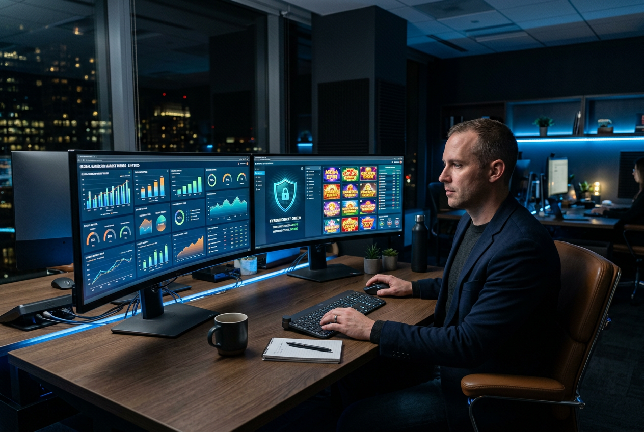 Digital dashboard showing casino performance metrics and security protocols.