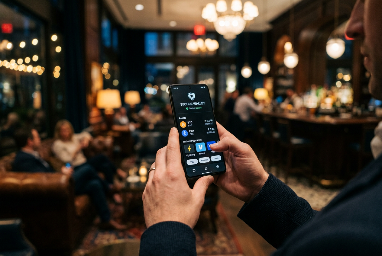 Secure mobile payment interface with cryptocurrency and BLIK icons