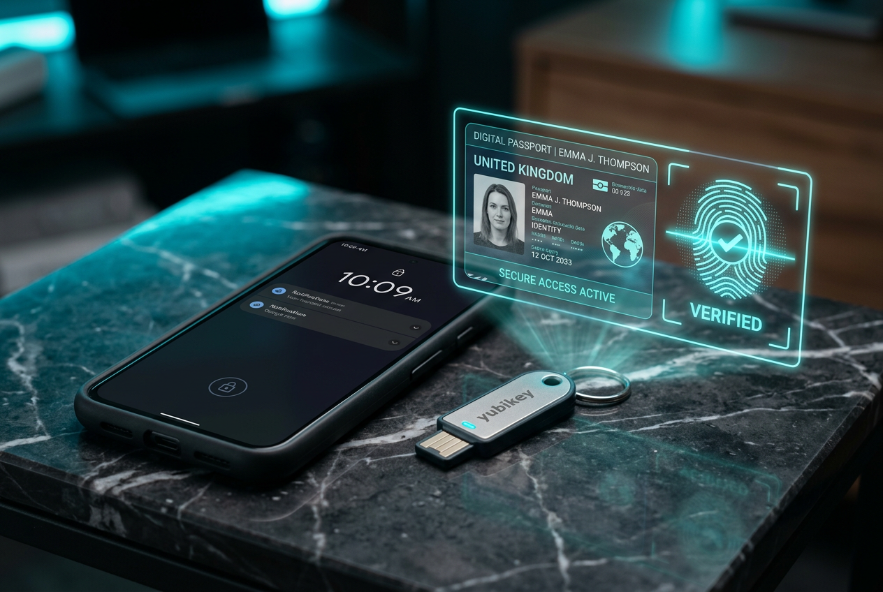A conceptual image showing digital identity verification with a focus on security and privacy.